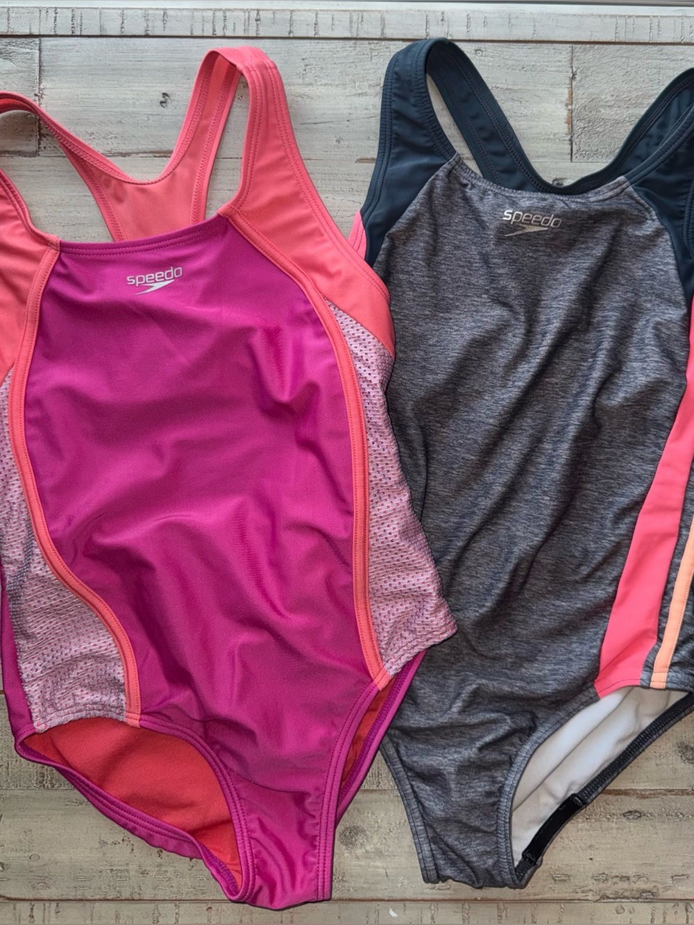 2 Speedo 1pc swimsuits girls 8-10 yr orange & pink , grey w black/orange VGUC